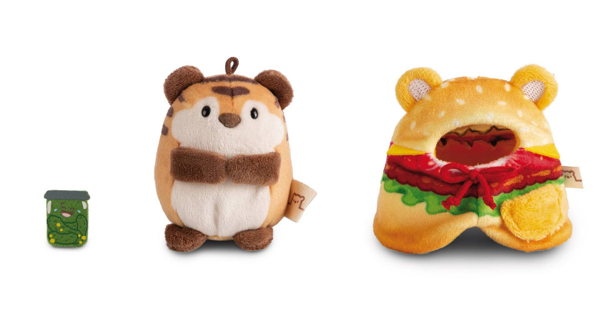 NICI Kuscheltier mymochi Tiger Tiggy mit Gurkenglas und Hamburgerkostüm
