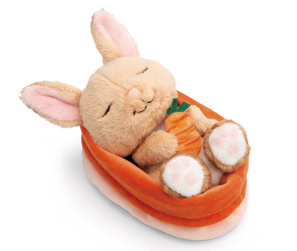 NICI Kuscheltier Hase mit Karotte schlafend im Körbchen