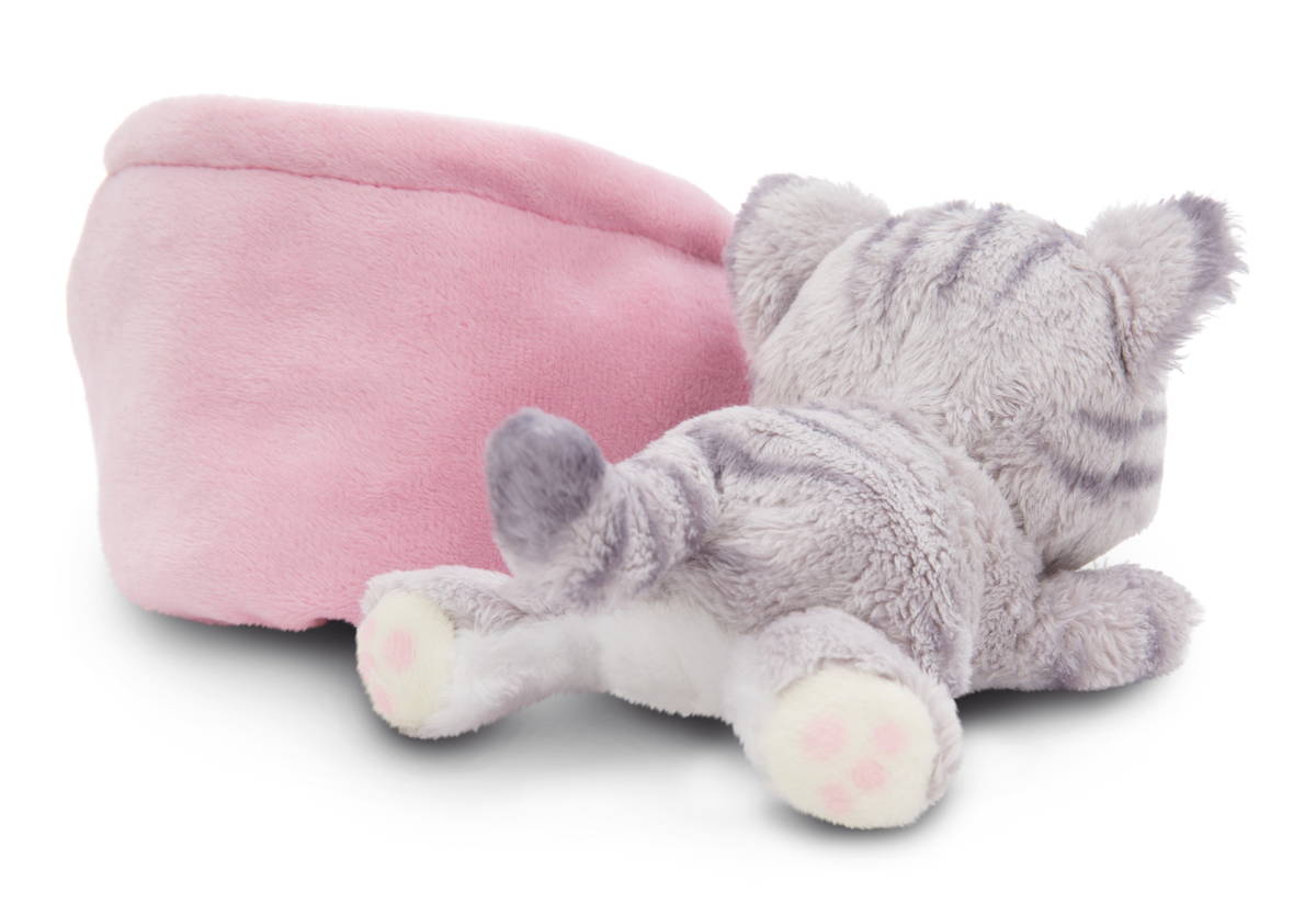 NICI Kuscheltier Katze grau getiegert im Körbchen pink