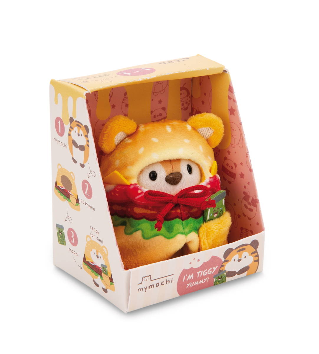 NICI Kuscheltier mymochi Tiger Tiggy mit Gurkenglas und Hamburgerkostüm