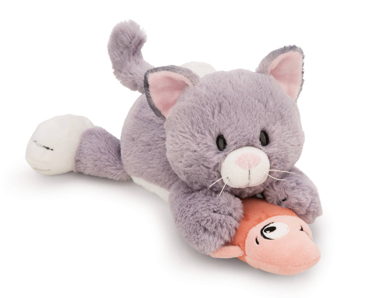 NICI Kuscheltier Katze grau und Fisch liegend