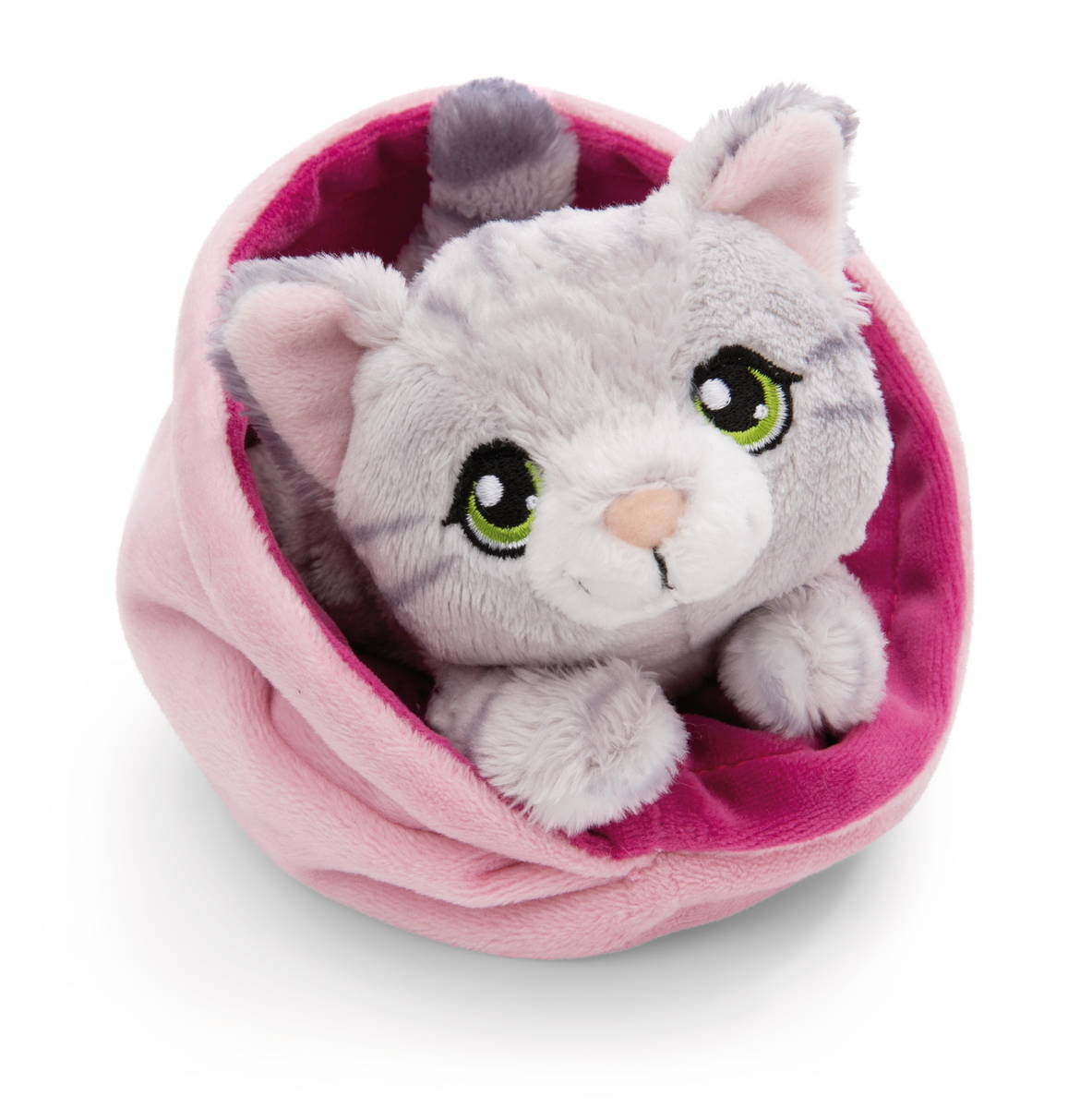 NICI Kuscheltier Katze grau getiegert im Körbchen pink