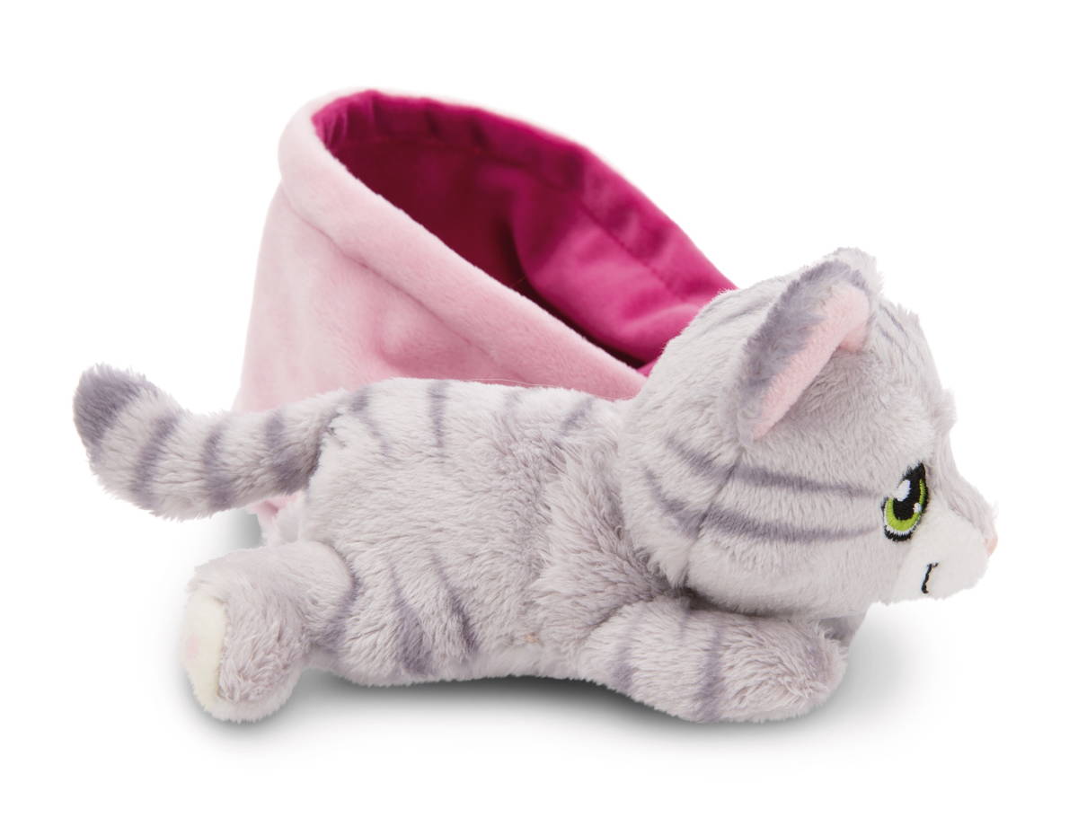 NICI Kuscheltier Katze grau getiegert im Körbchen pink
