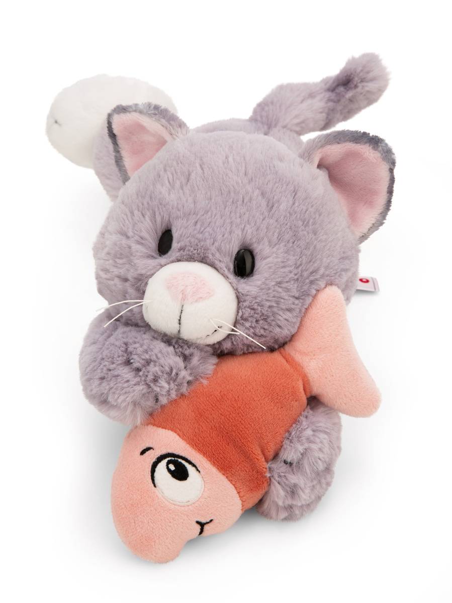 NICI Kuscheltier Katze grau und Fisch liegend