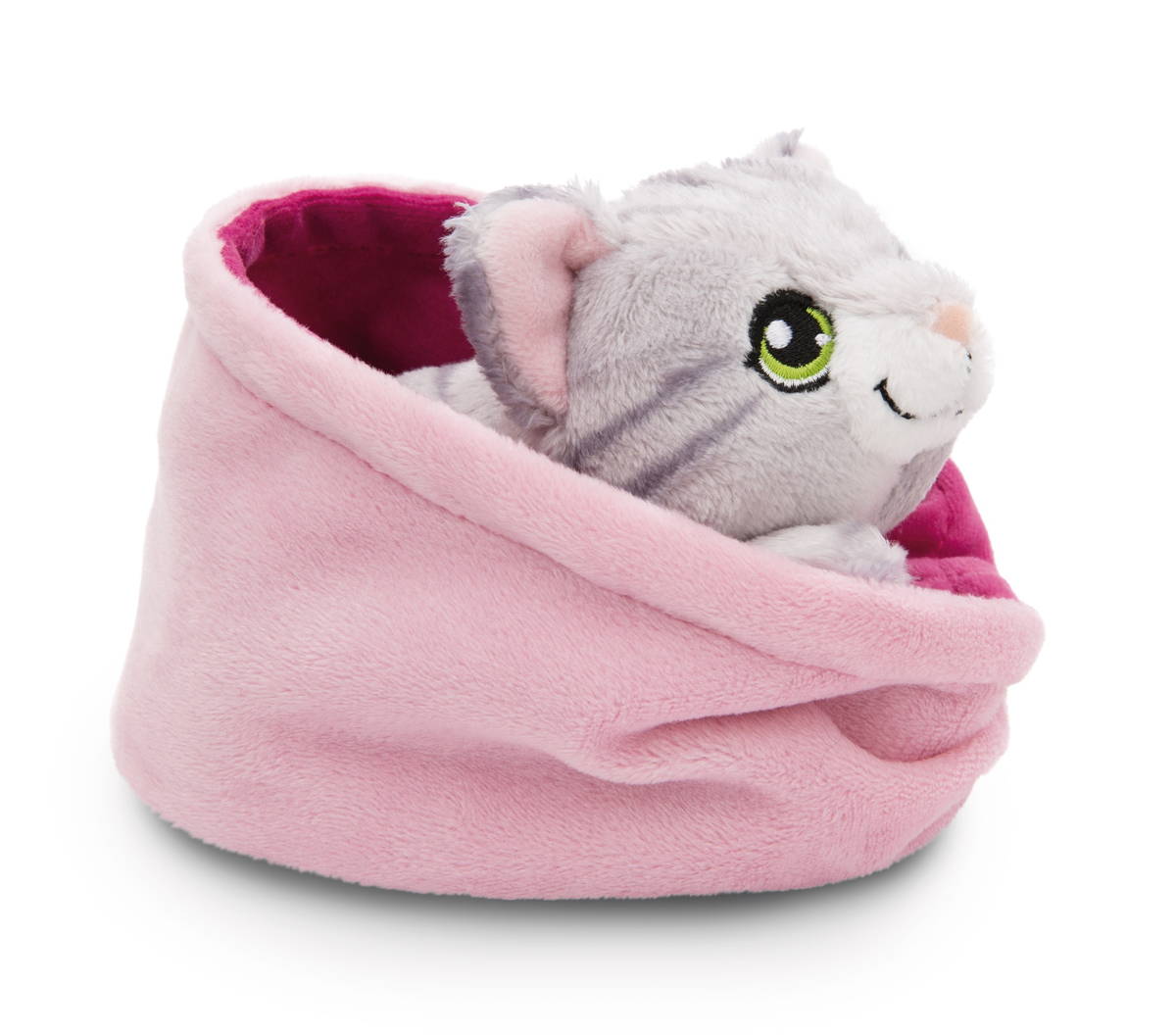 NICI Kuscheltier Katze grau getiegert im Körbchen pink
