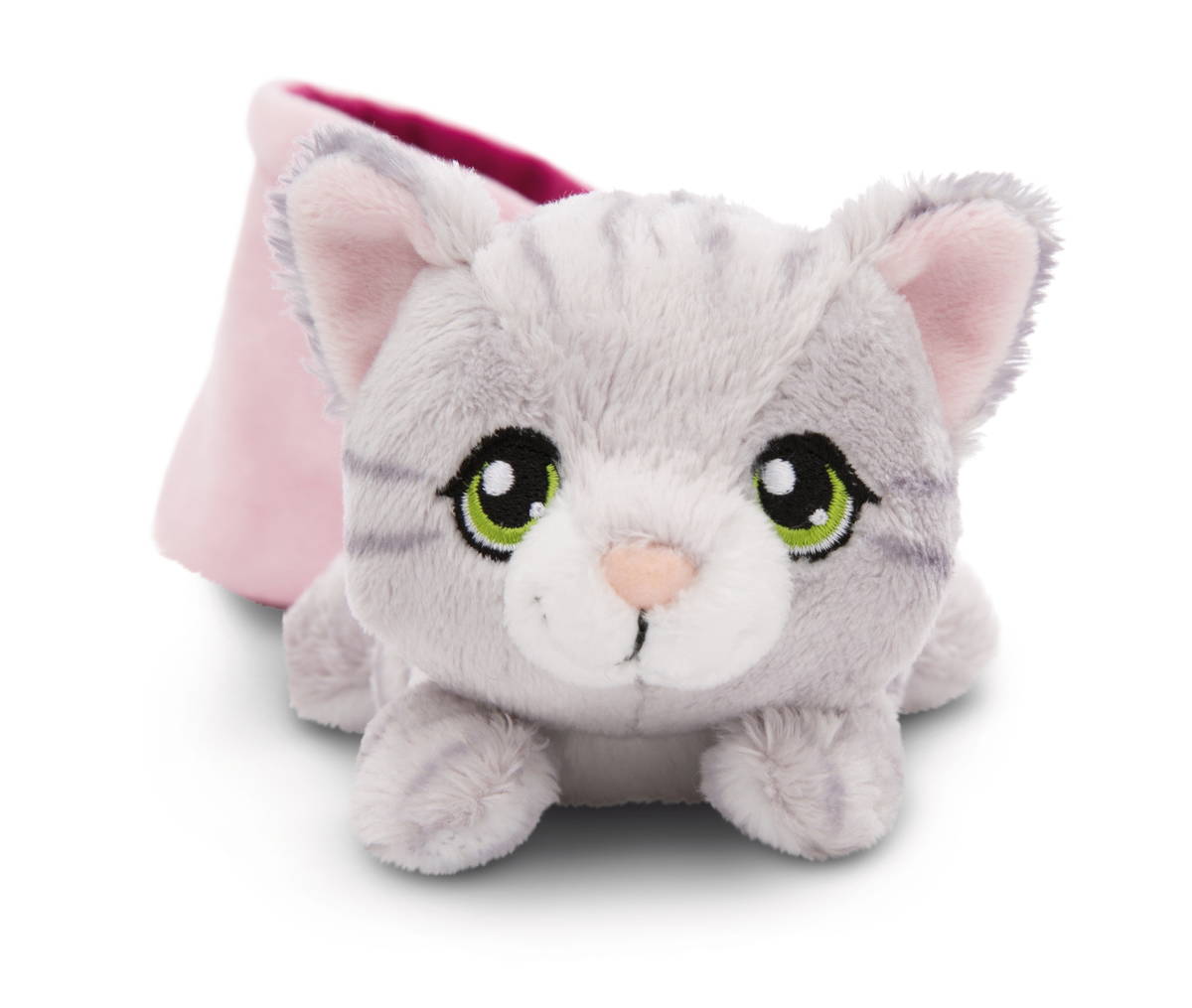NICI Kuscheltier Katze grau getiegert im Körbchen pink